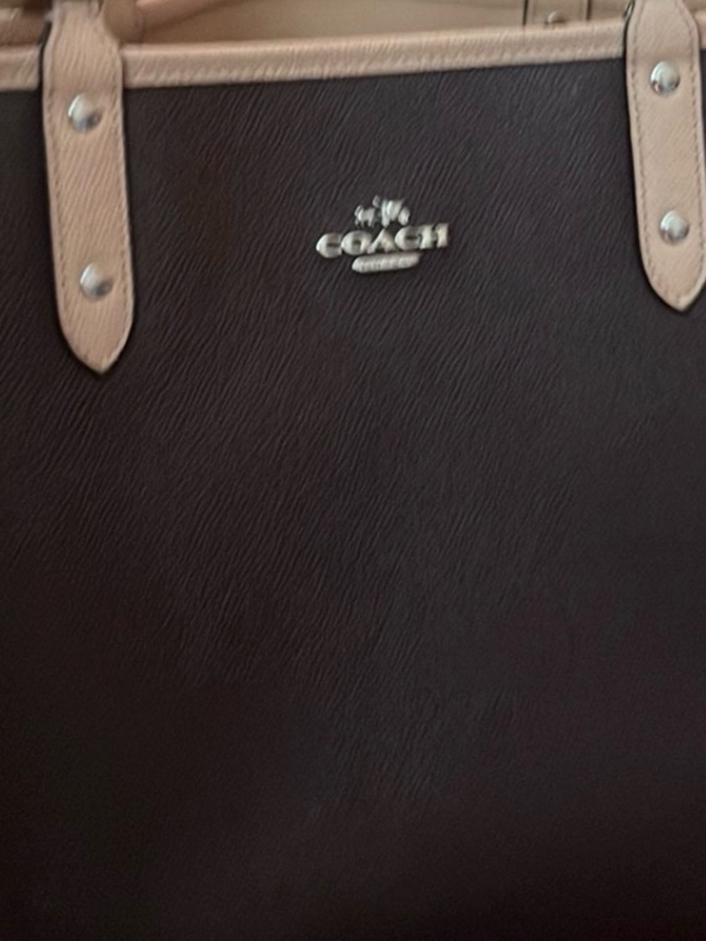 COACH Two-Tone Pebbled Leather Tote in Dark Brown and Tan (reversible).